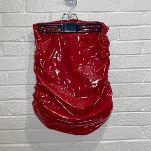 Red Rear cinched pu pleather latex skirt
